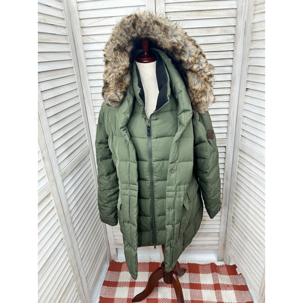 Eddie Bauer Winter Coat Green Size Large Puffer Parka Faux Fur Hood Down Fill